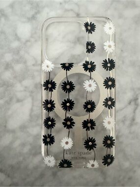Kate Spade Clear Black & White Daisy Pattern Phone Case for iPhone 15 Pro